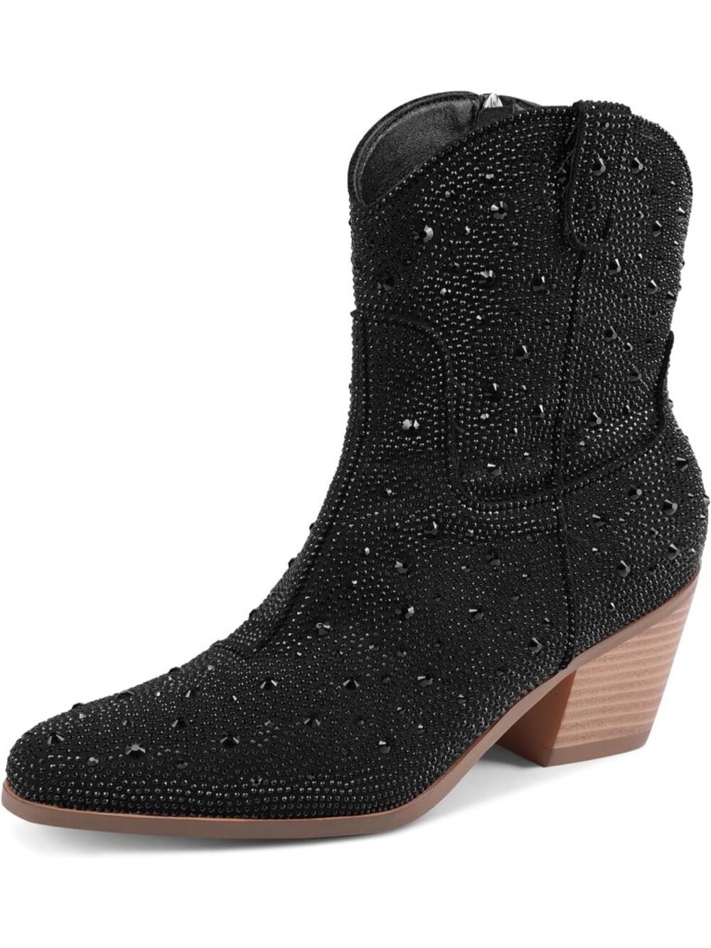Women's Black Sparkly Ankle Cowgirl Boots Glitter Pointed Toe Chunky Heels